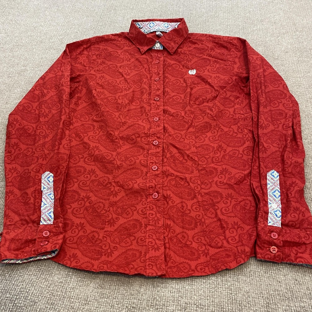 Cinch Shirt Womens Large Red Paisley Long Sleeve Western Contrast Trim Button Up